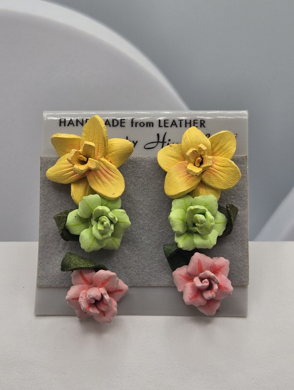 Handmade Leather Floral Earrings Set Colorful Flower Studs Yellow Pink Green